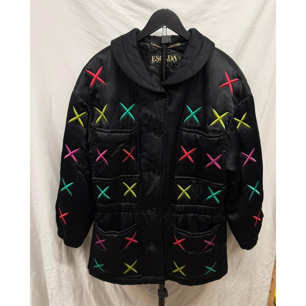 Vintage 80's Escada Women's‎ 100% Silk Retro Colorful Quilted Satin Puffer Coat - Picture 3 of 13